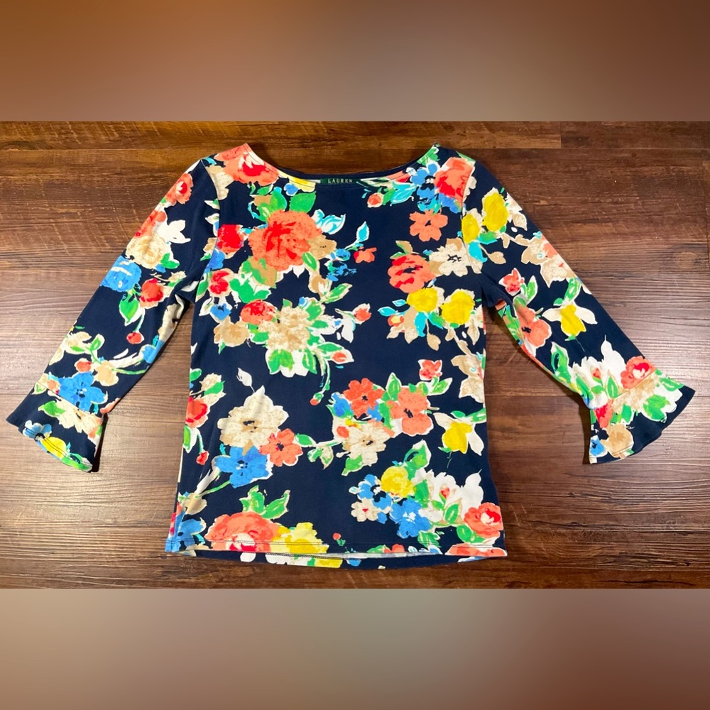 Lauren Ralph Lauren Women’s Cotton Tunic 3/4 Sleeve Multicolor Floral, Sz L
